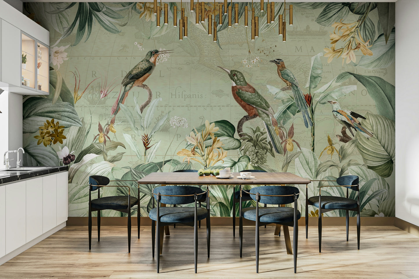 Wallpaper with exotic plants and maps

