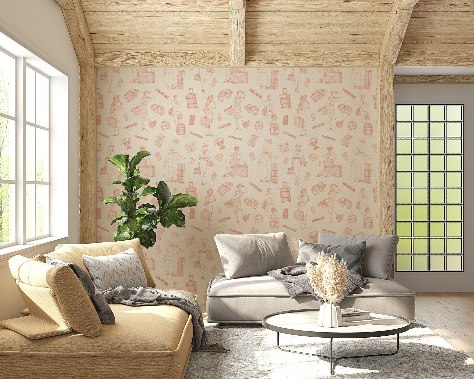 Retro travel wallpaper mural filled with repeating suitcase, hat, and traveler illustrations.