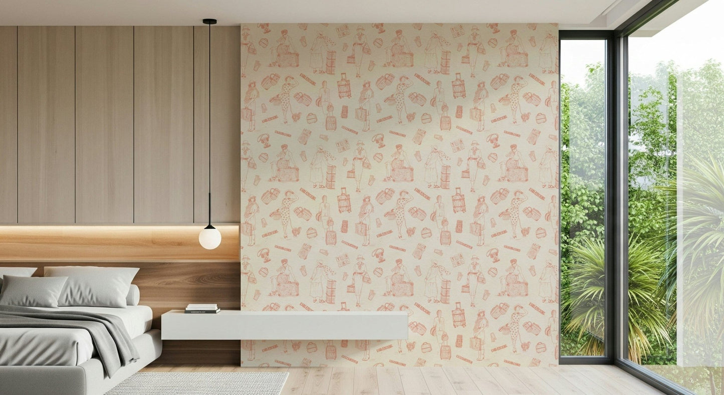 Vintage voyage wallpaper featuring hand-drawn travelers with suitcases and luggage icons.