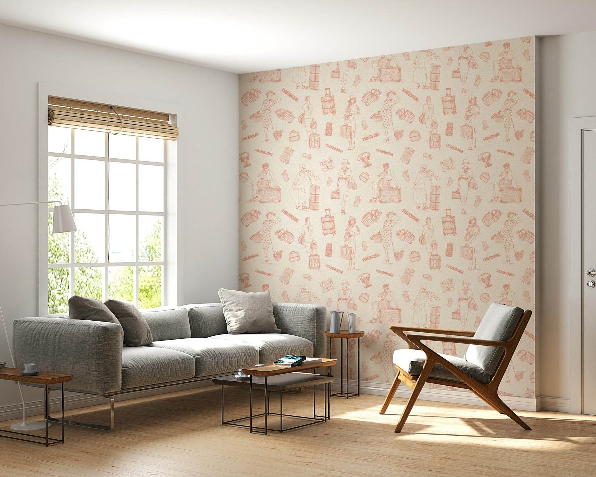 Retro voyage wallpaper showcasing illustrated travelers, bags, and old-fashioned travel motifs.