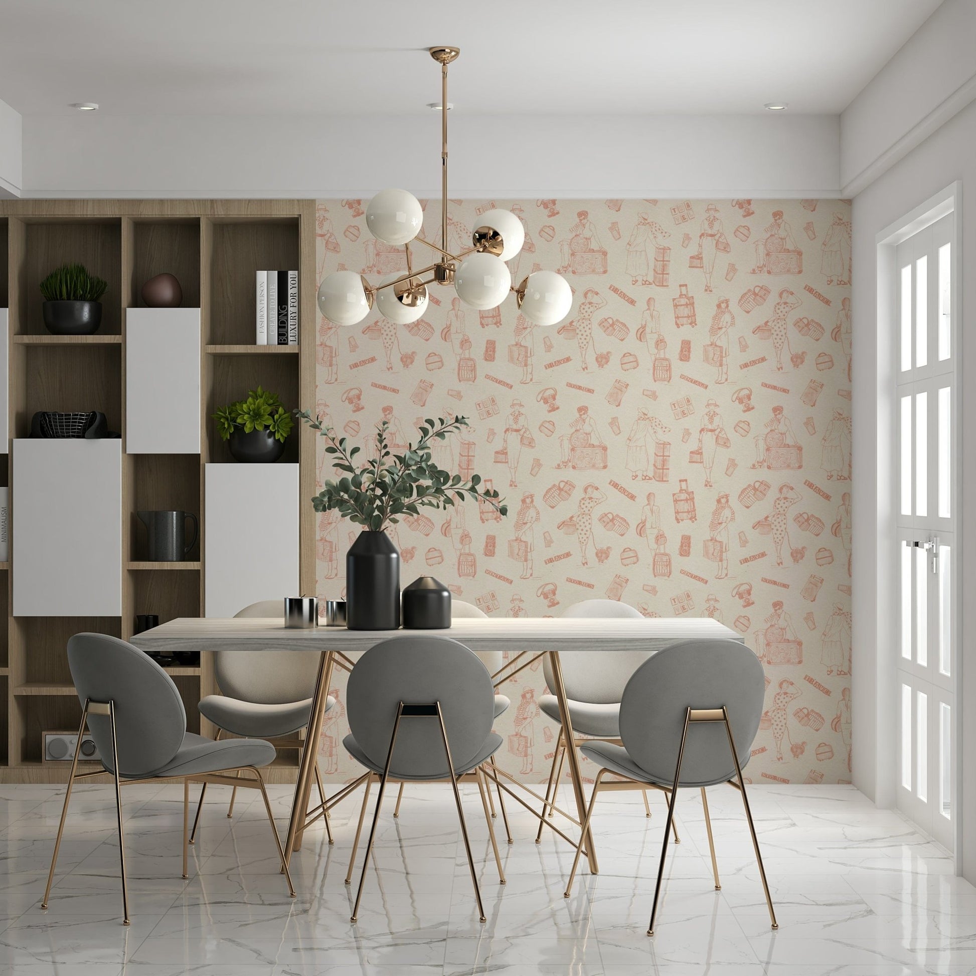 Classic travel wallpaper mural with monochrome sketches of journey-ready characters and luggage.