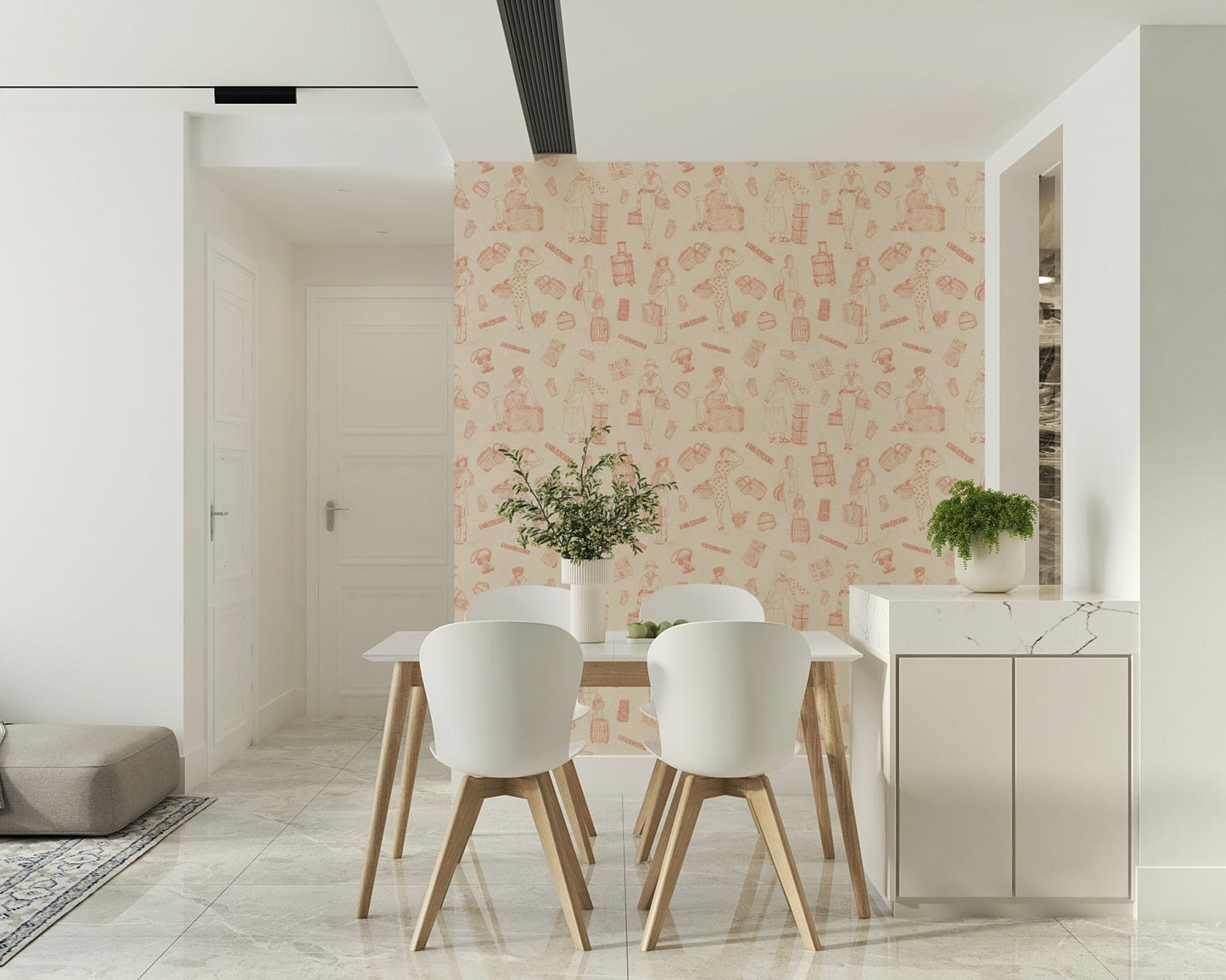 Vintage-style travel wallpaper mural with repeating sketches of people holding suitcases.
