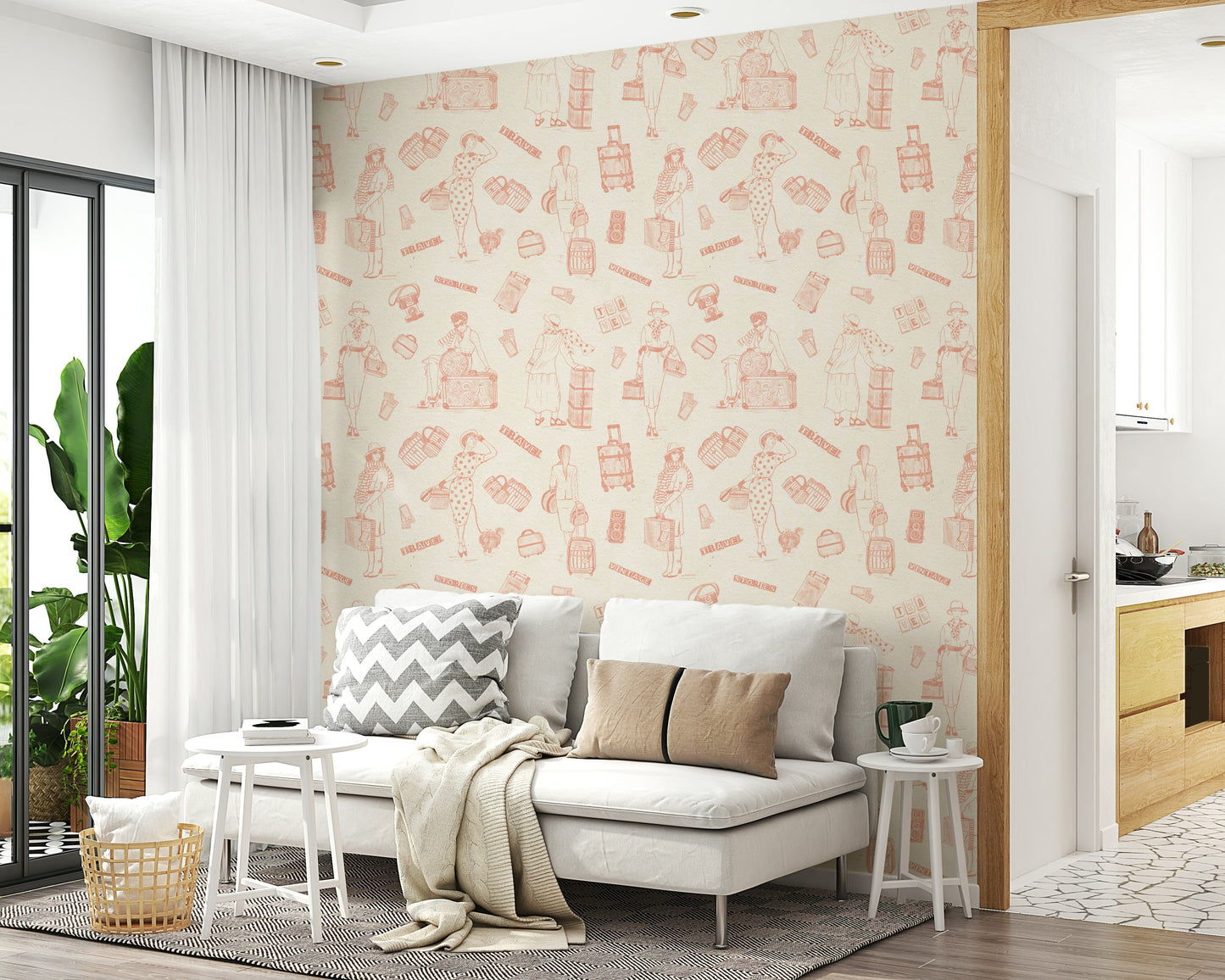 Antique-inspired voyage wallpaper featuring outlined travelers and assorted travel accessories.