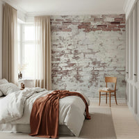 Textured wall mural with washed, vintage brick patterns creating a warm and inviting accent wall.