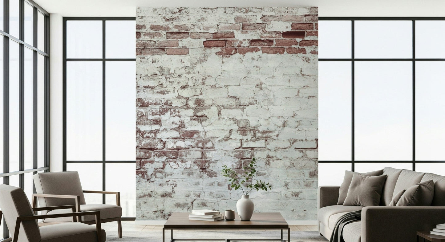Decorative brick wallpaper mural with subtle fading and worn textures for authentic, aged appeal.