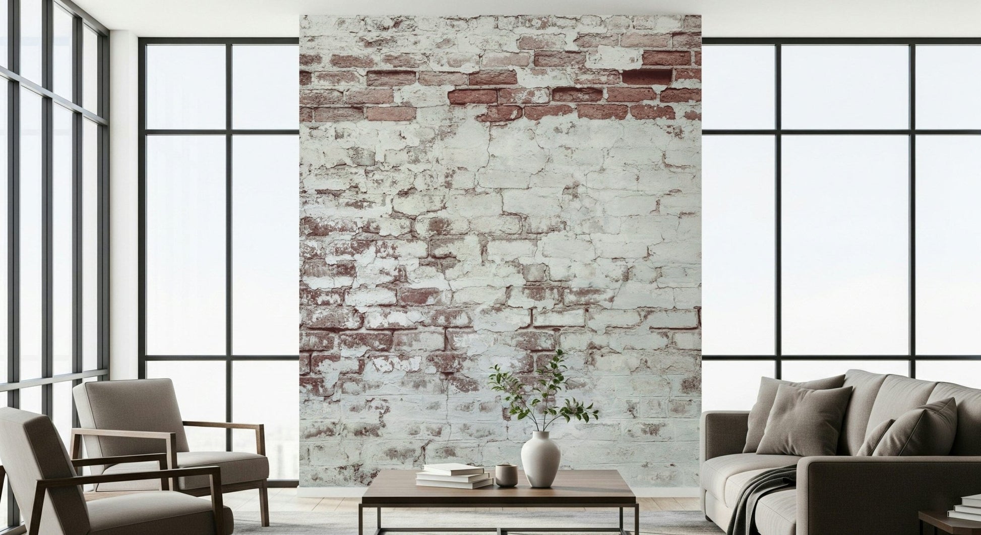 Decorative brick wallpaper mural with subtle fading and worn textures for authentic, aged appeal.