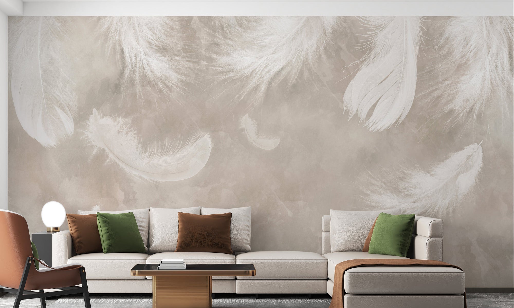 Vintage Watercolor Feathers wallpaper mural of floating white feathers behind a cream sofa in a beige living room