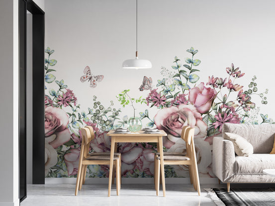 Vintage Watercolor Floral Pattern wallpaper mural shown as a full feature wall that highlights the design