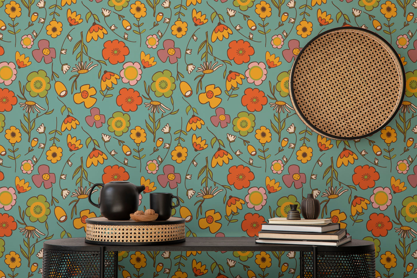 Retro Wild Floral Blue Wallpaper for stylish rooms