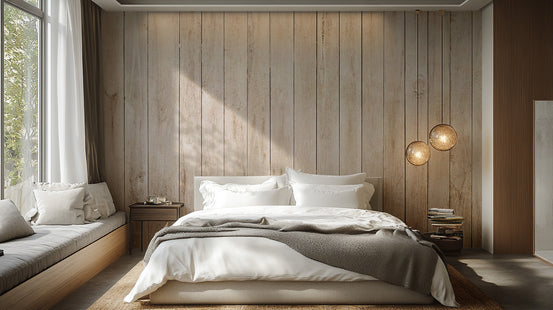 Beige Wood Panel wallpaper shown as a full feature wall that highlights the design