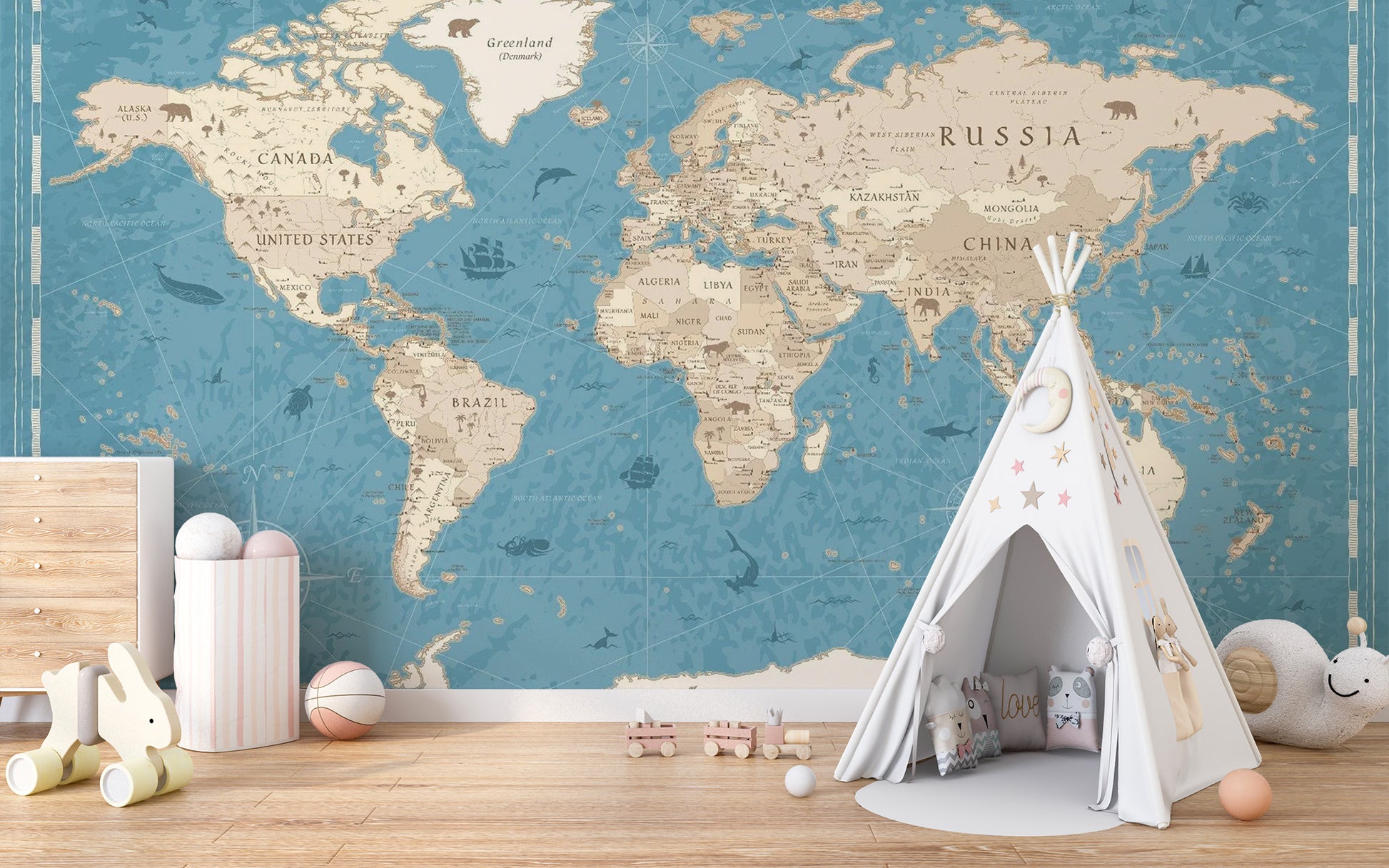 Vintage World Map Wallpaper Mural - Giffywalls
