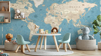 Authentic vintage world map wallpaper mural with soft tones.