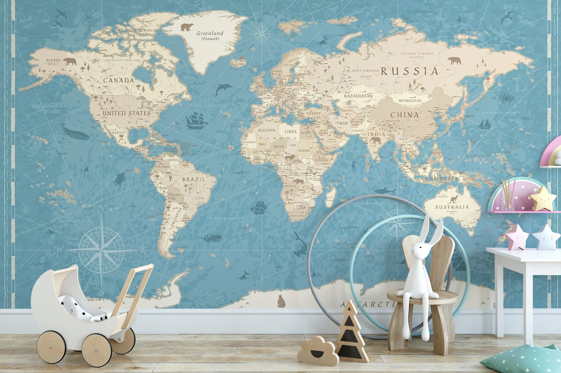 Sepia-toned vintage world map mural for elegant interiors.
