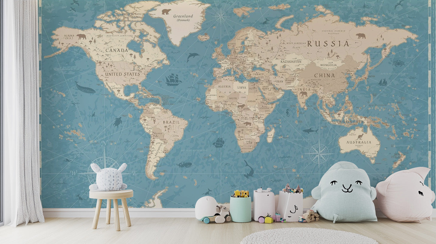 Rustic vintage world map wallpaper for timeless wall decor.