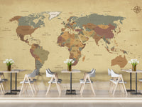 Retro-themed world map wallpaper for cozy spaces.