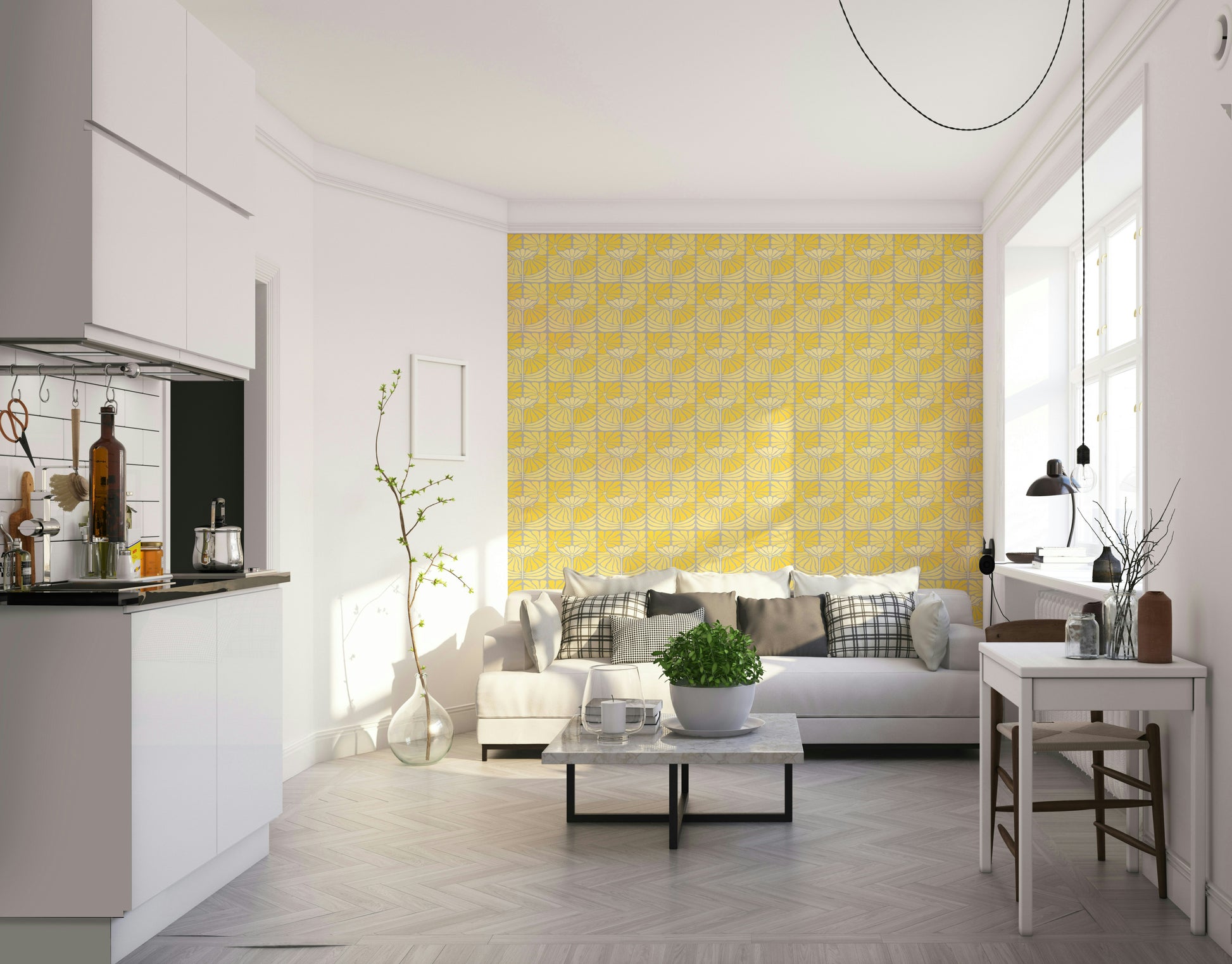 Floral mural with warm yellow vintage blooms

