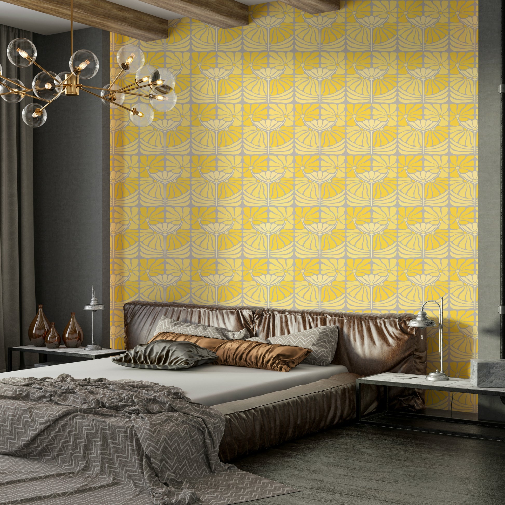 Cheerful retro wallpaper with yellow florals

