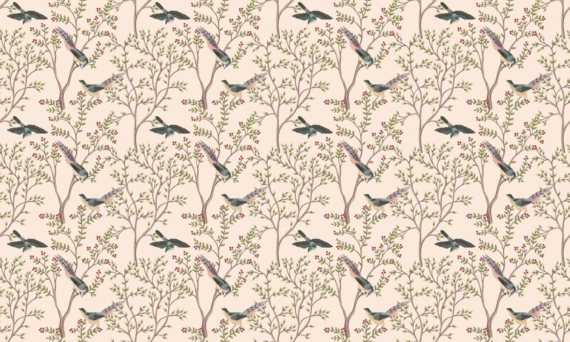 LIght Pink Leaves and Bird Wallpaper Murals