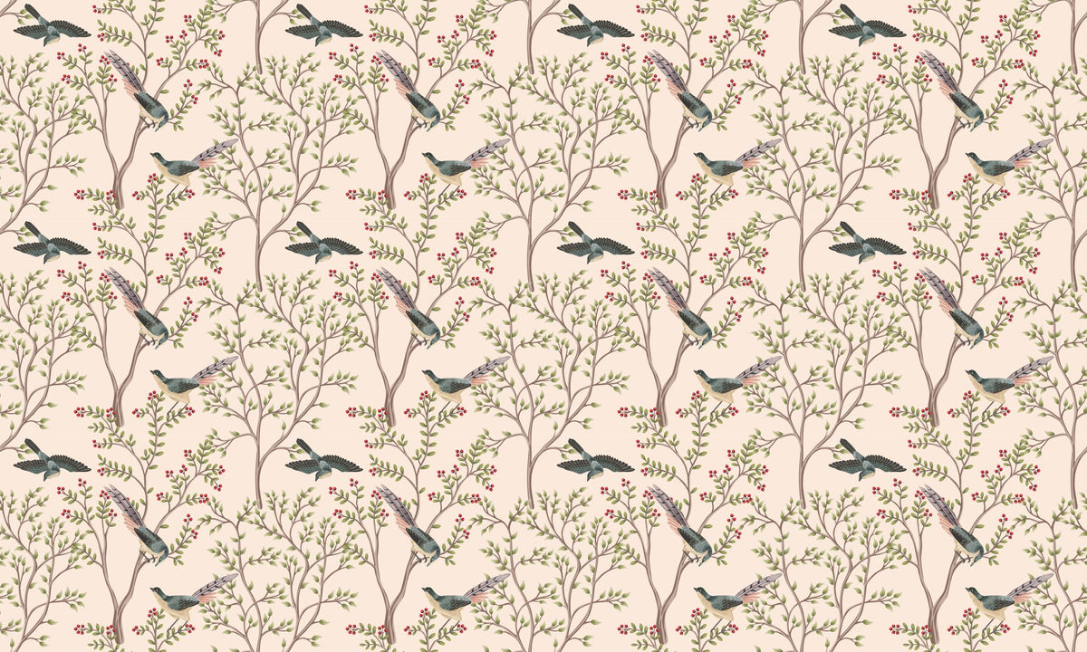 LIght Pink Leaves and Bird Wallpaper Murals in your room — zoomed