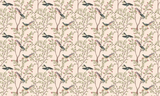 LIght Pink Leaves and Bird Wallpaper Murals