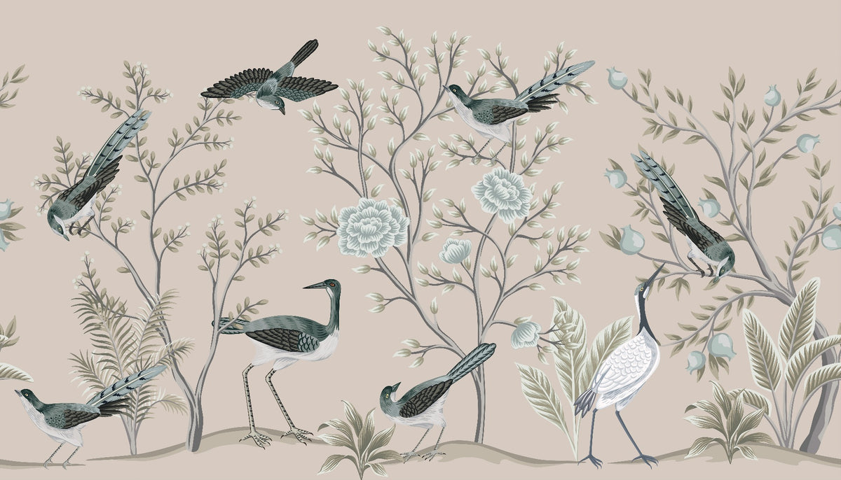Cream Color Crane Birds on the Vintage Tree Wallpaper Mural in your room — zoomed