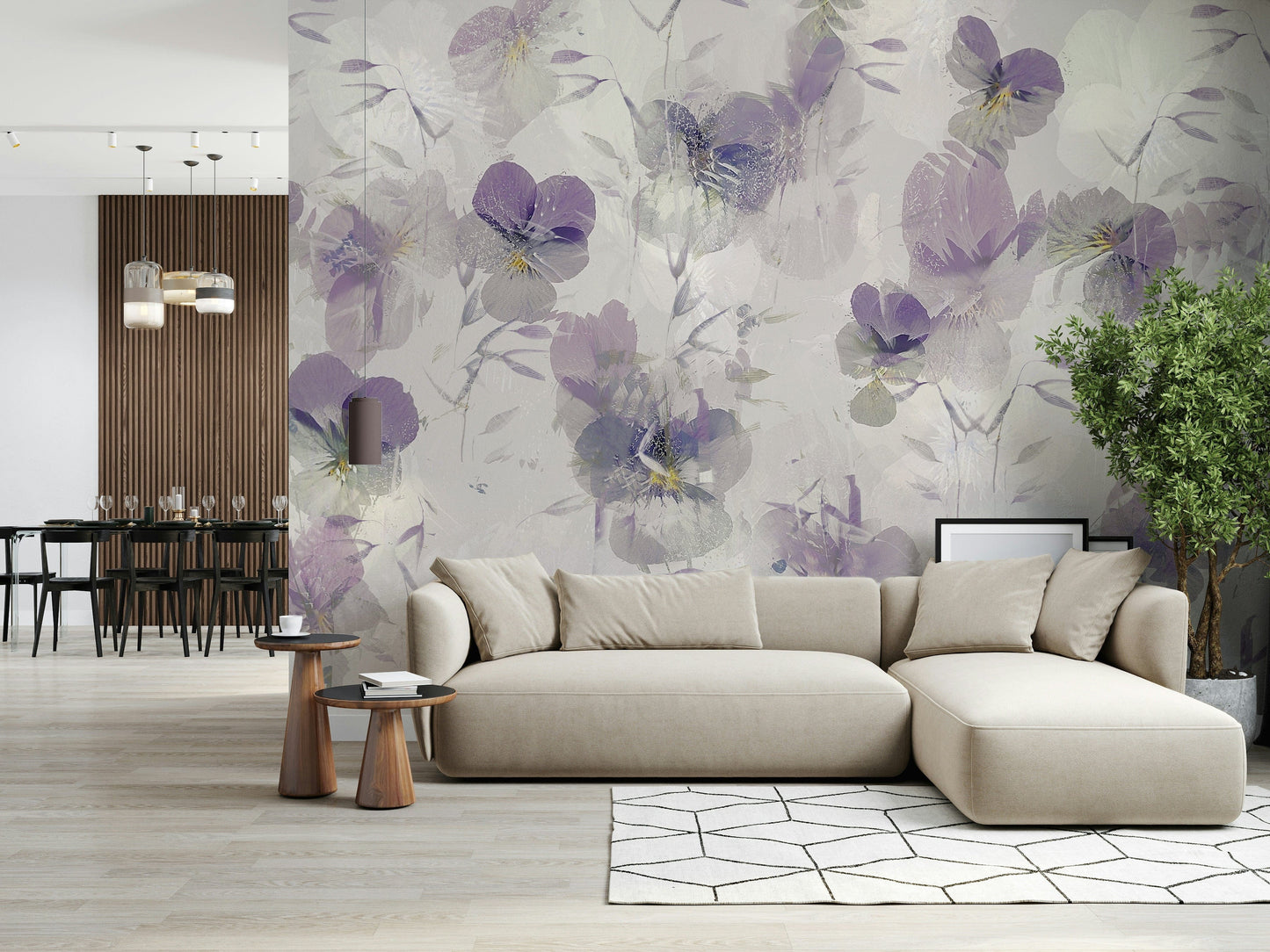 A beautiful modern art wall mural of delicate flowers.

