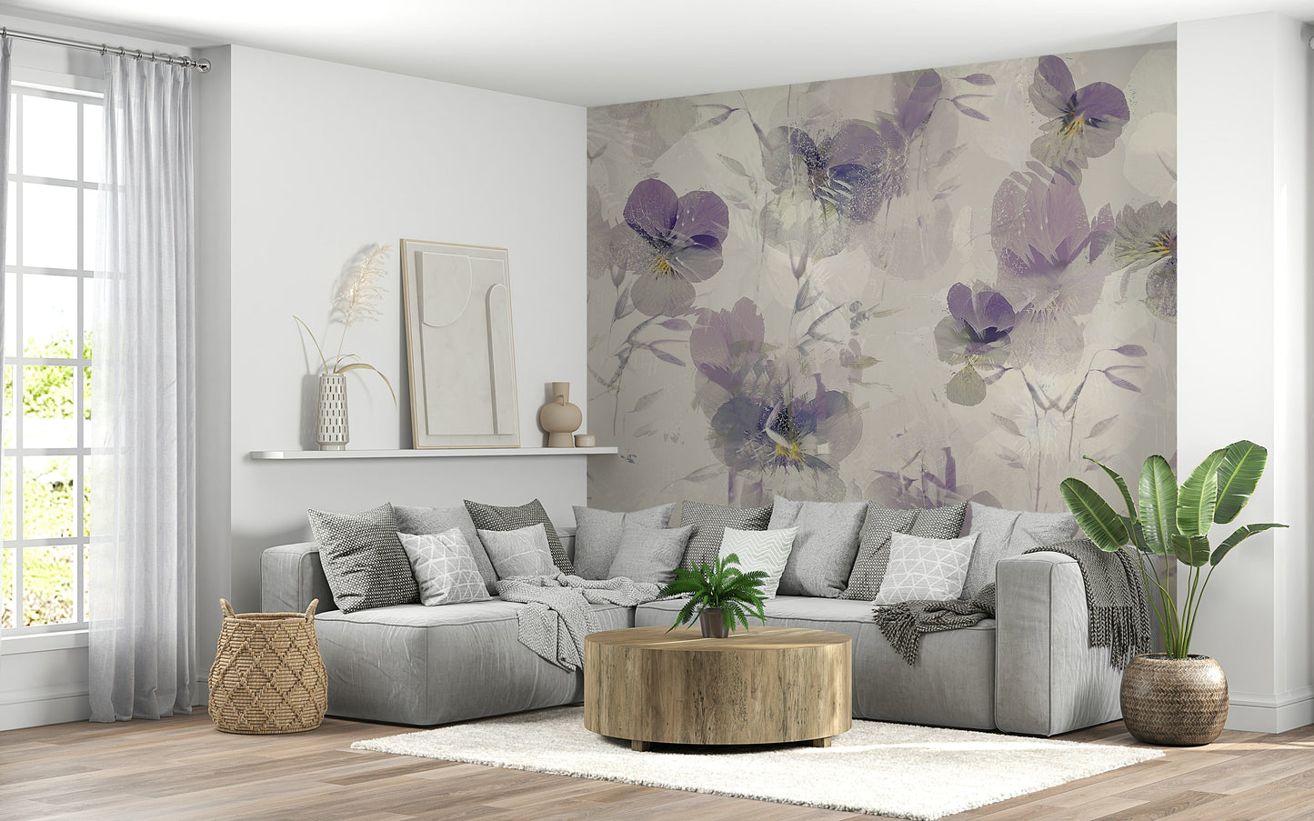 A peaceful flower design mural on decorative wallpaper.

