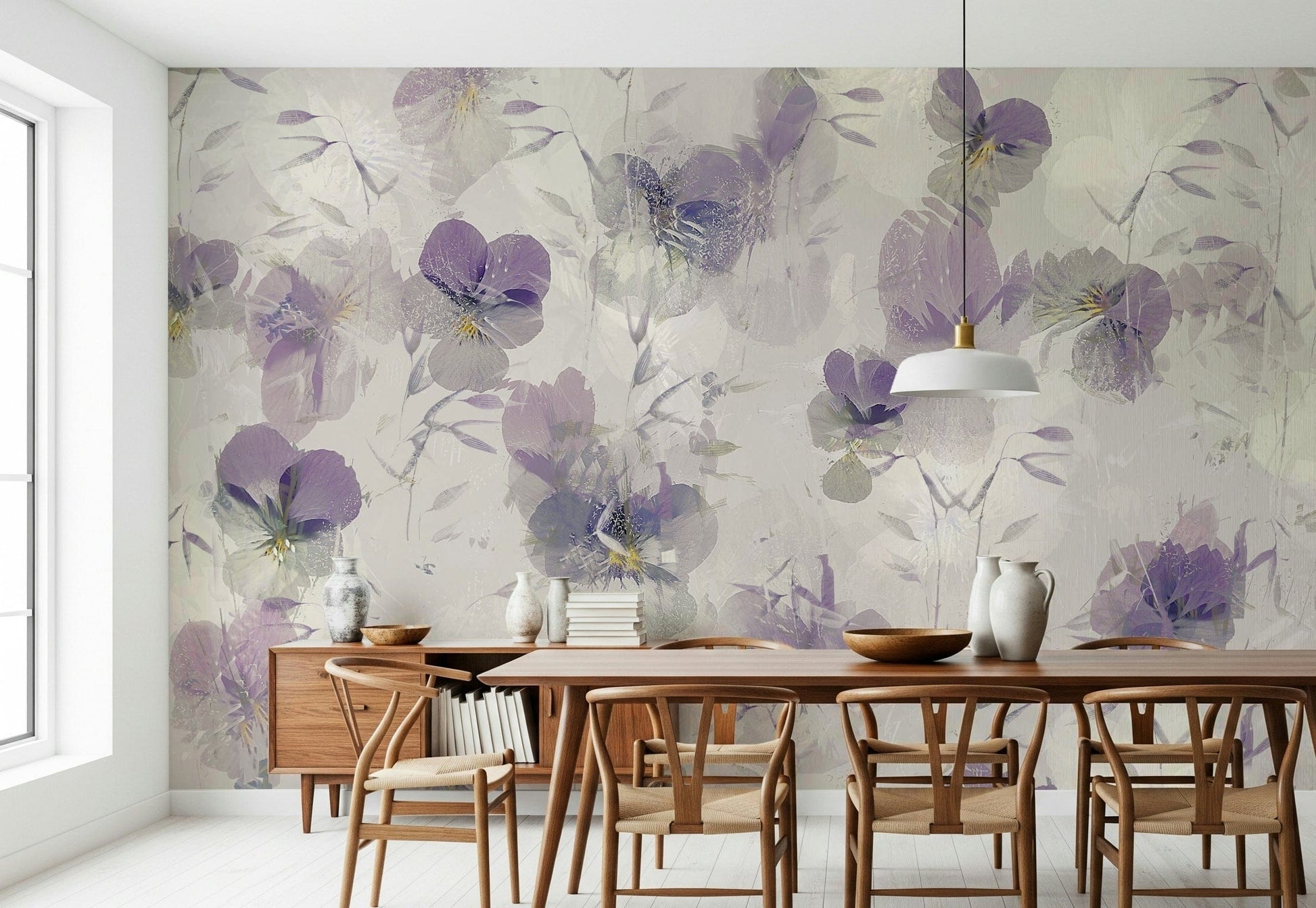 An artistic delicate bloom mural on minimalist wallpaper.

