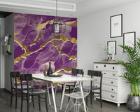 Luxe violet Marble Wallpaper mural featuring an abstract design with striking golden veins.