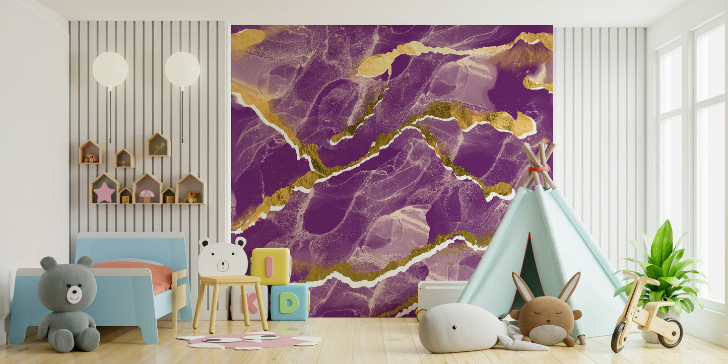 Golden Veins Cosmic Violet Marble - a Modern Luxe Abstract Marble Wallpaper mural.