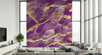 Abstract art Marble Wallpaper mural with flowing golden veins across a cosmic violet marble background.