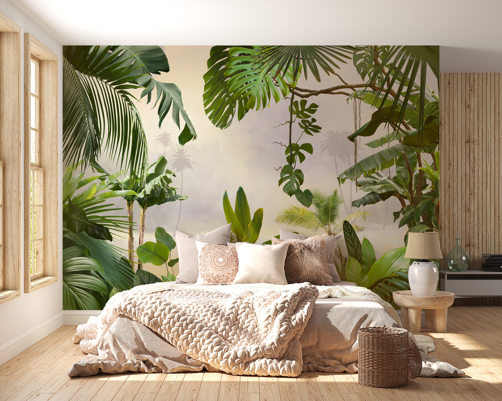 Green Tropical Forest Trees wallpaper mural styled along a hallway feature wall near a console in green tones