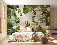 Green Tropical Forest Trees wallpaper mural styled along a hallway feature wall near a console in green tones