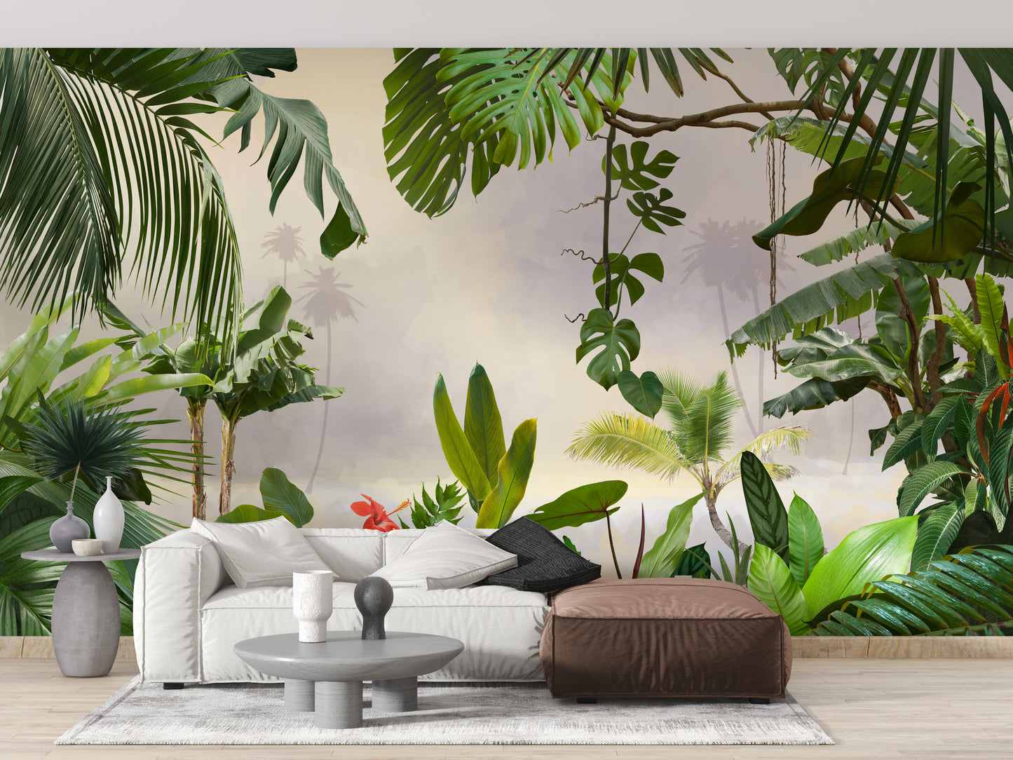 Green Tropical Forest Trees wallpaper mural as a feature wall in a home office workspace in green tones