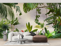 Green Tropical Forest Trees wallpaper mural as a feature wall in a home office workspace in green tones