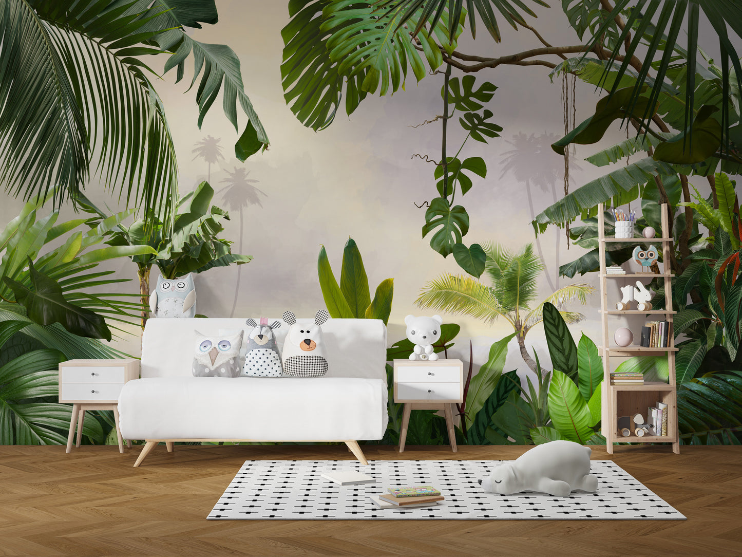 Green Tropical Forest Trees wallpaper mural as a bedroom feature wall behind the headboard in green tones