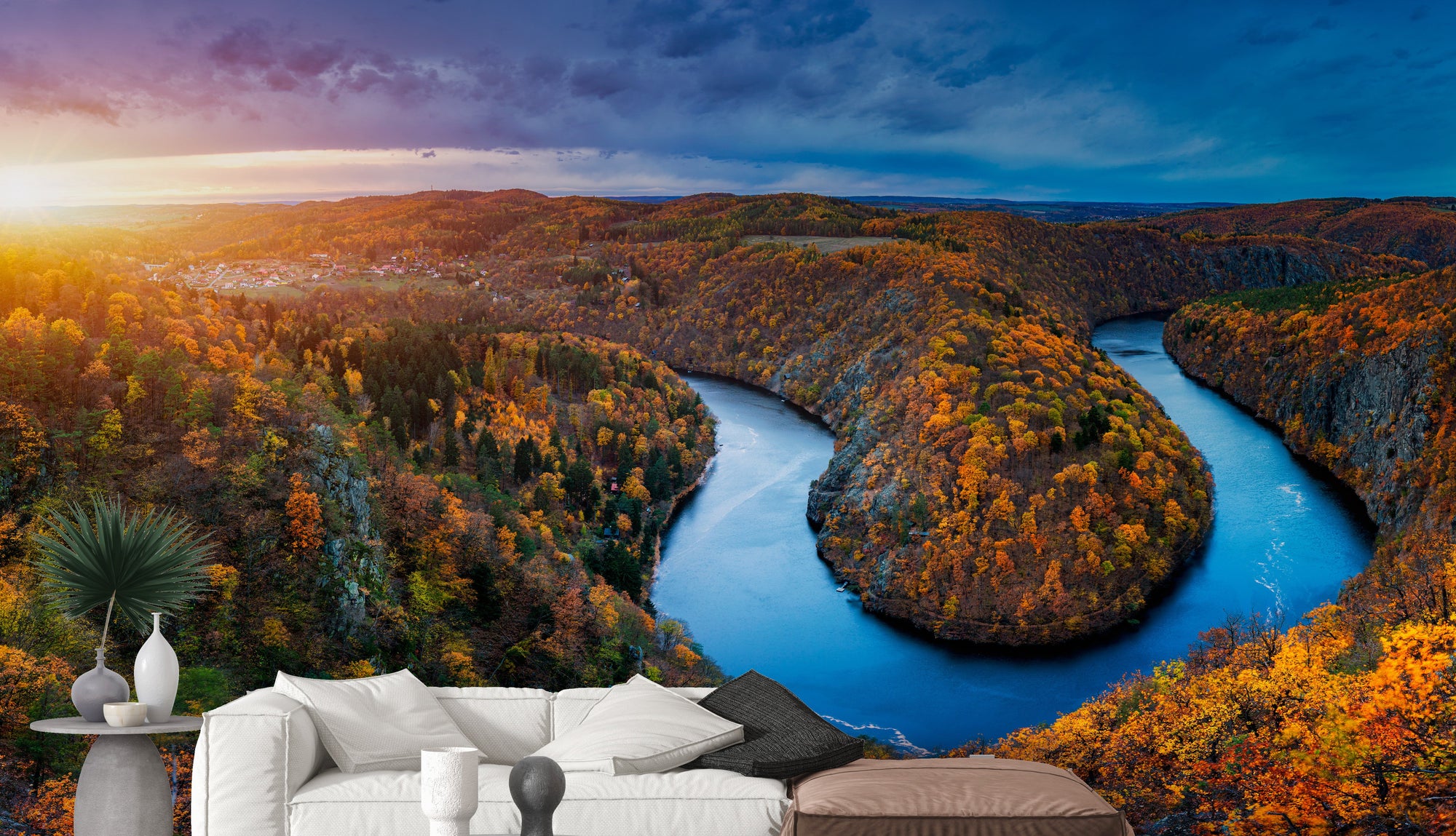Vltava River Autumn Forest wallpaper mural shown as a full feature wall that highlights the design