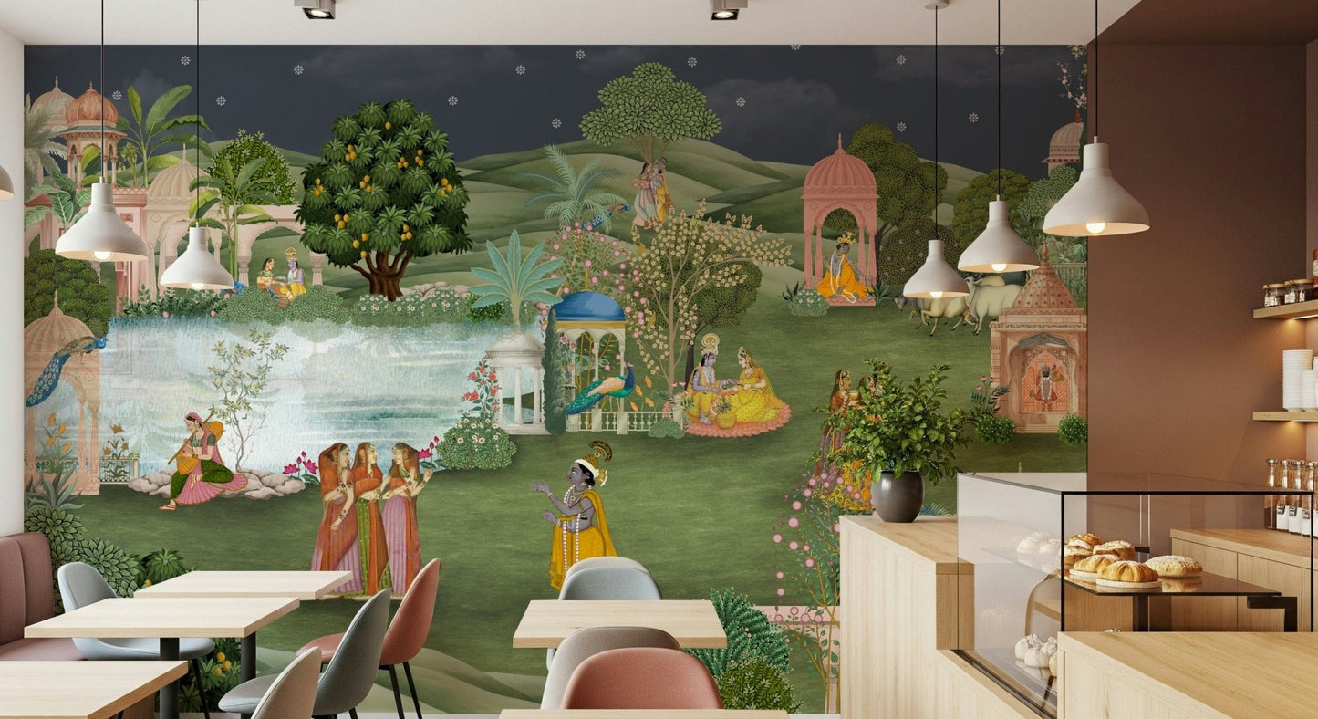 Traditional Vrindavan Vihar mural with arches, paths, and greenery
