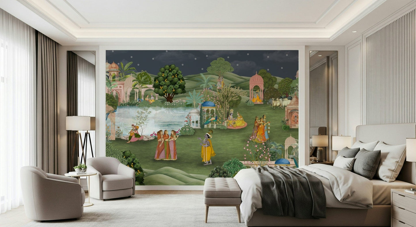 Vrindavan Vihar wall mural in living room behind sofa