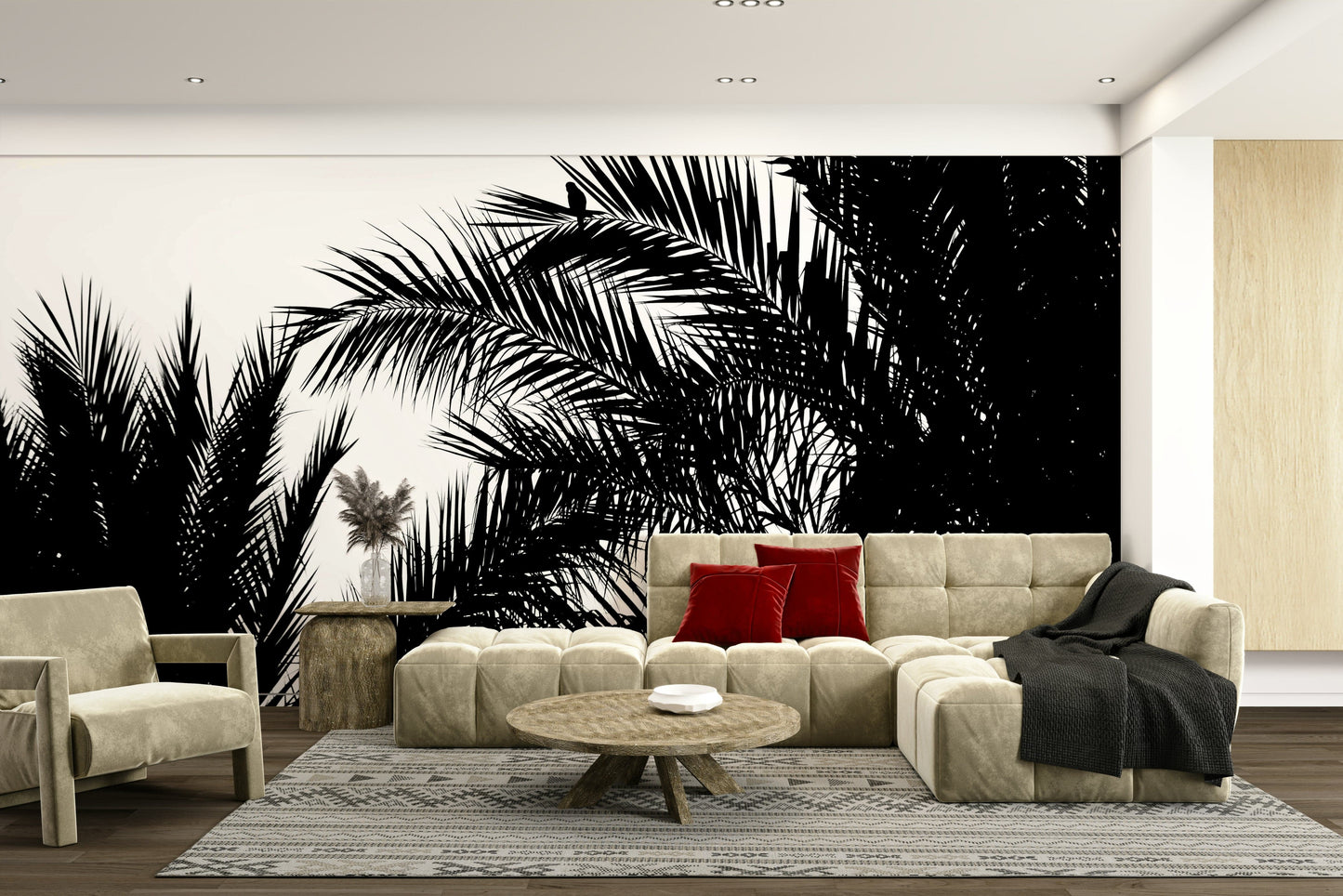 A high-angle view of the wall mural in a large space.

