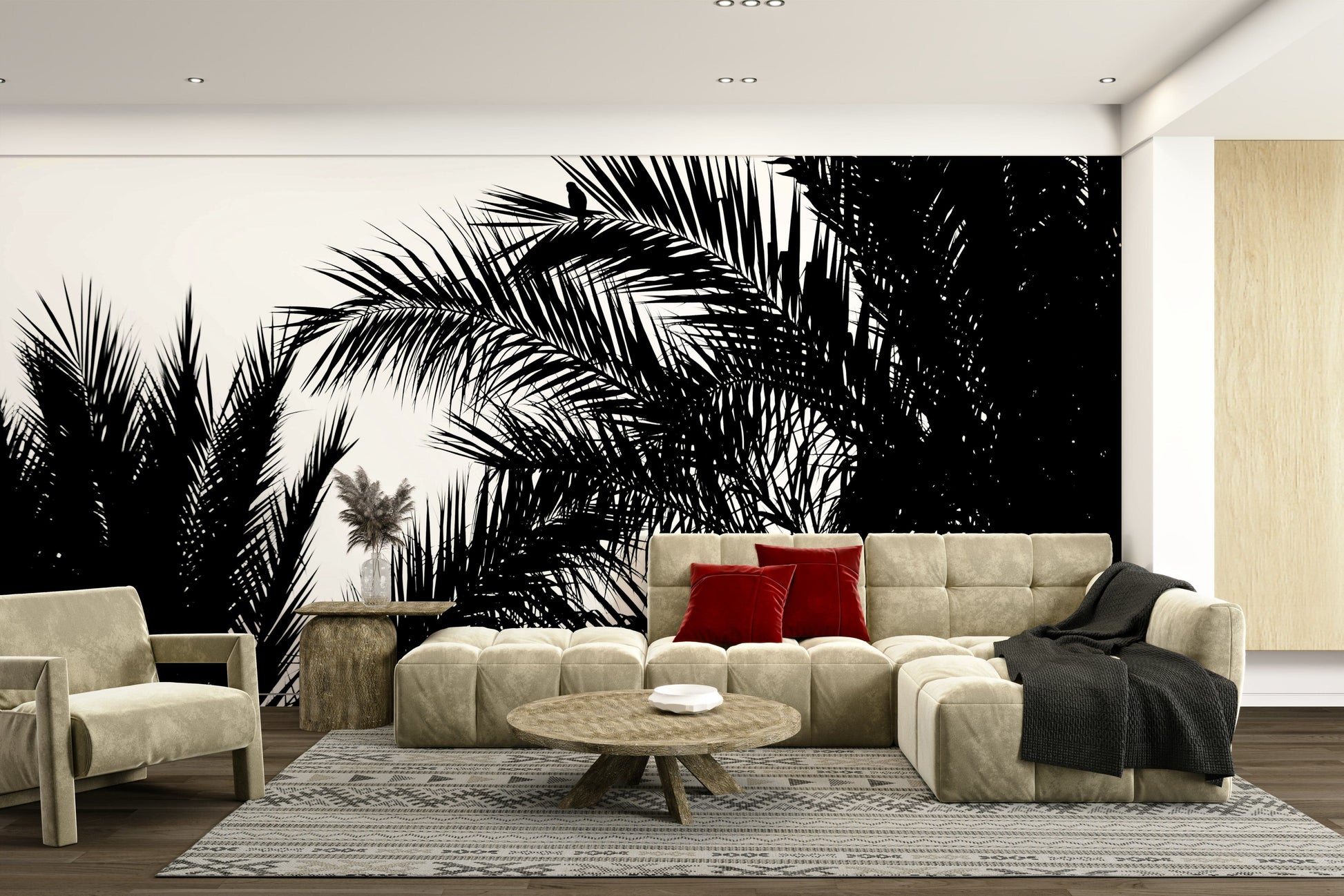 A high-angle view of the wall mural in a large space.

