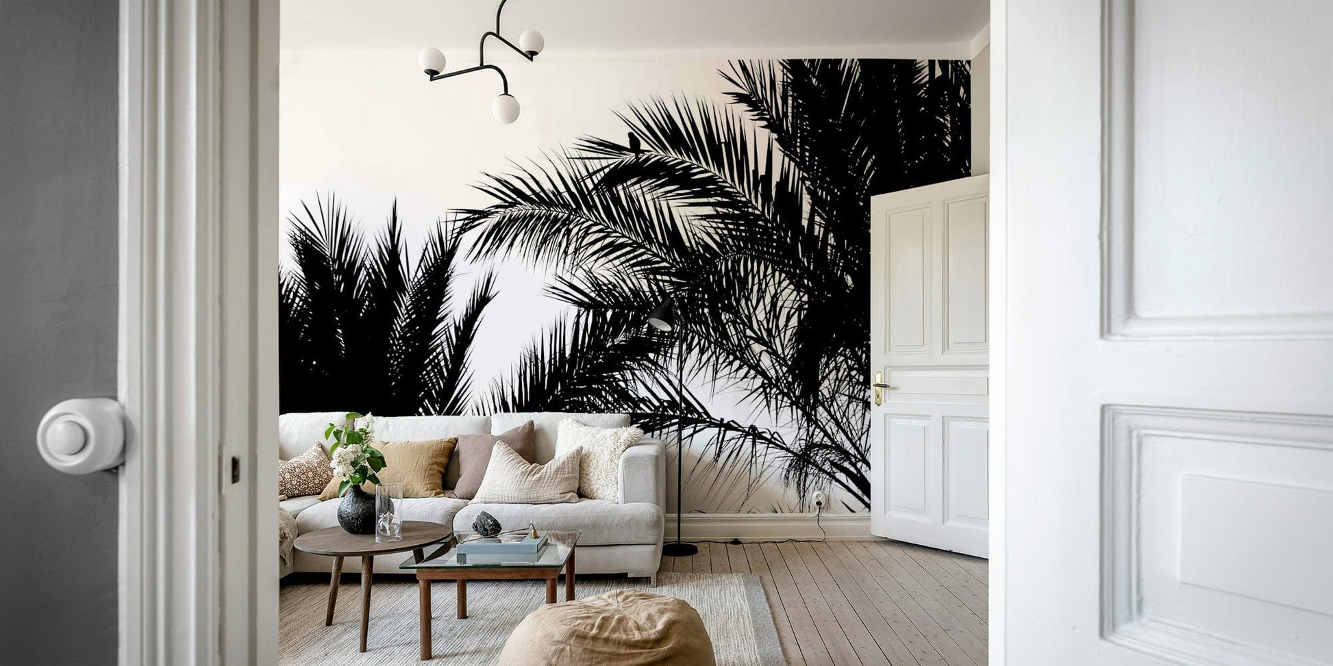 A minimalist interior with the tranquil wallpaper.

