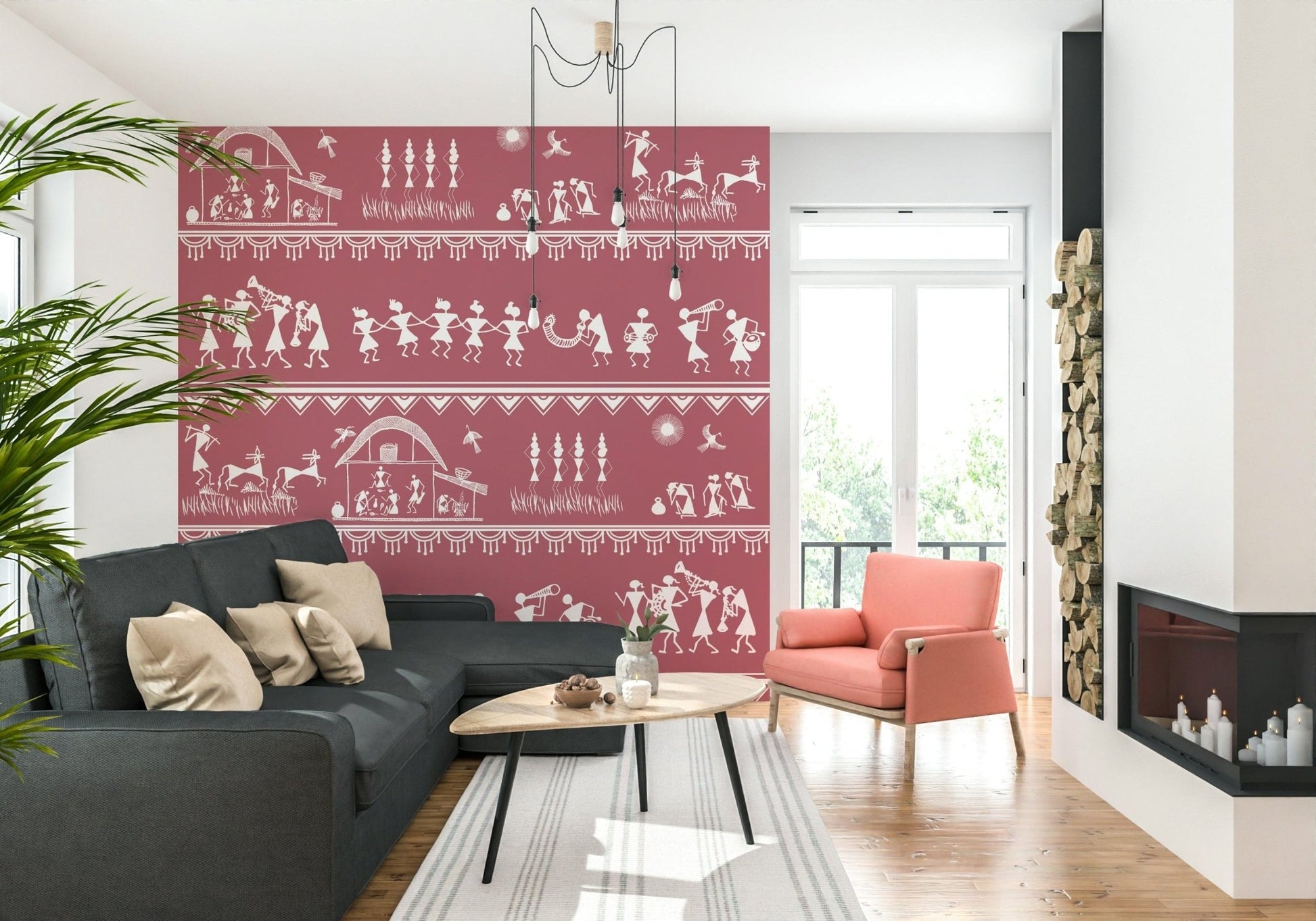 Indian folk art Warli mural featuring celebration and daily life