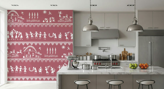 Handcrafted Warli mural with rhythmic tribal figures and musicians