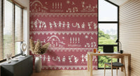 Warli art wall mural depicting harvest, music, and community scenes