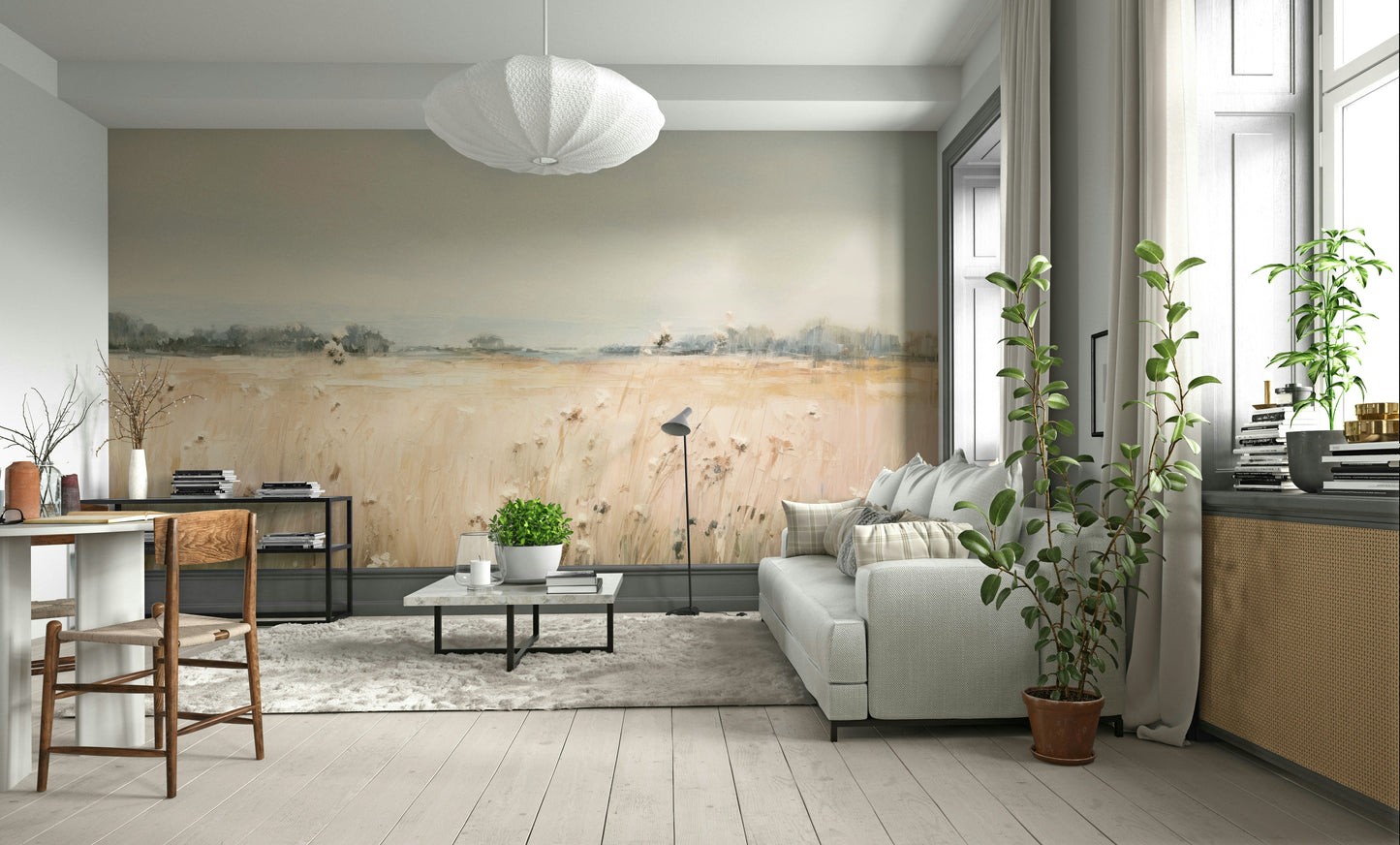 Nature wall mural with August wildflower design

