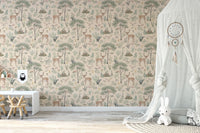 Warm Beige Wildlife wallpaper with a white desk, wooden chair and beige canopy holding a dreamcatcher