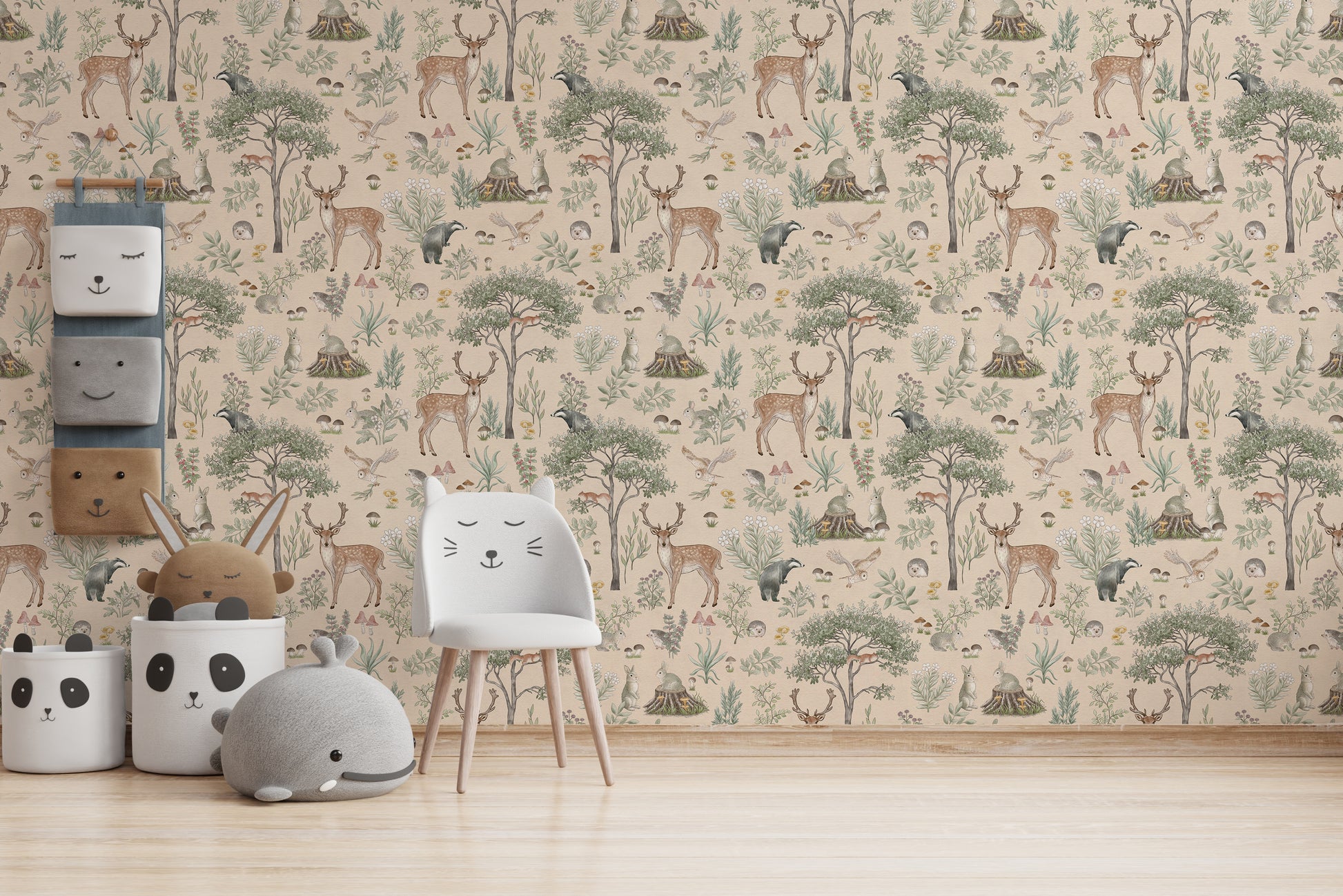 Warm Beige Wildlife wallpaper with a white cat-ear chair, panda baskets and a grey whale cushion