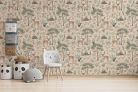Warm Beige Wildlife wallpaper with a white cat-ear chair, panda baskets and a grey whale cushion