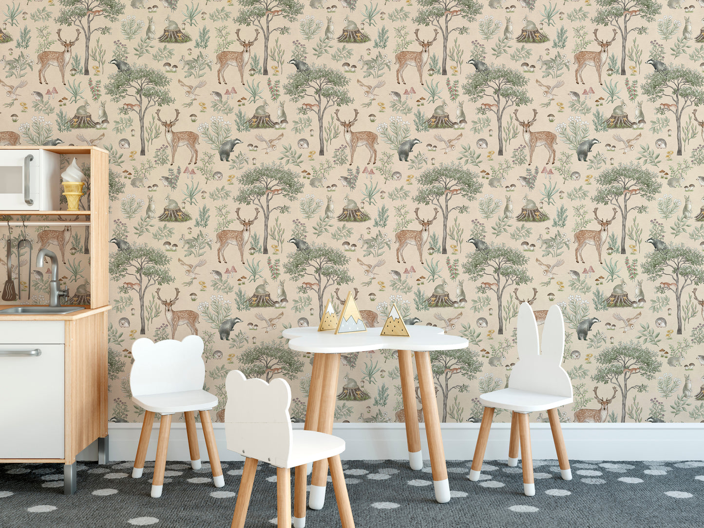 Warm Beige Wildlife wallpaper in a kids room with a toy kitchen, cloud table and bear-ear chairs